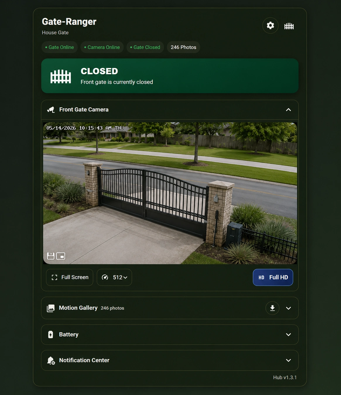 Gate-Ranger app showing a front gate camera view, gate status, motion gallery, battery information, and notification center